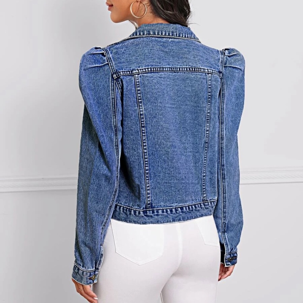 Medium Wash Distressed Puff Sleeve Button Denim Jean Jacket - Picture 3 of 5